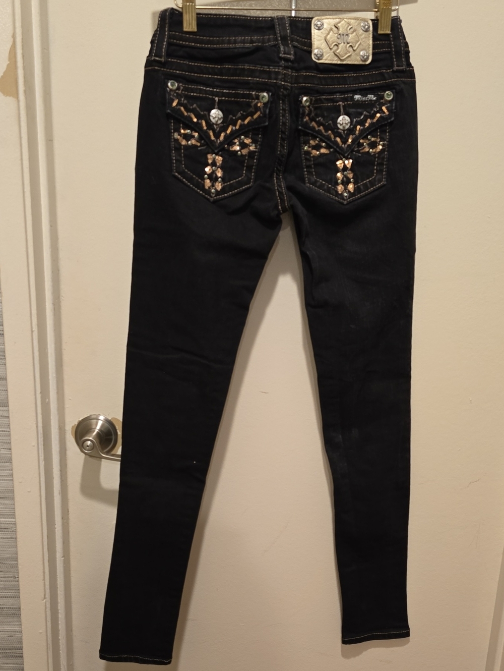 Vintage Miss Me Black Jeans with Gold Embossed Cross Patch Size 24
